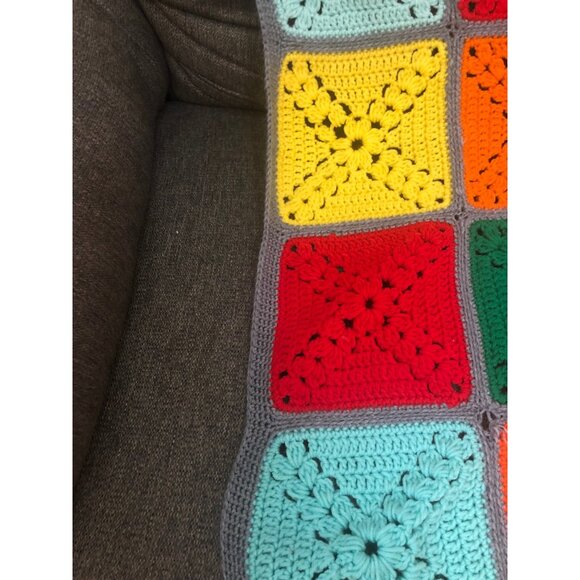 Handmade Giant Granny Square Crotchet Rainbow Color Knit Throw Blanket Afghan - Picture 3 of 5